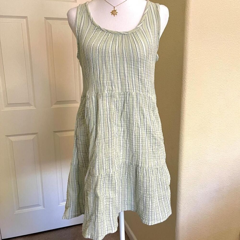 Sage green/blue pinstripe cotton mini Summer dress with pockets - size XS